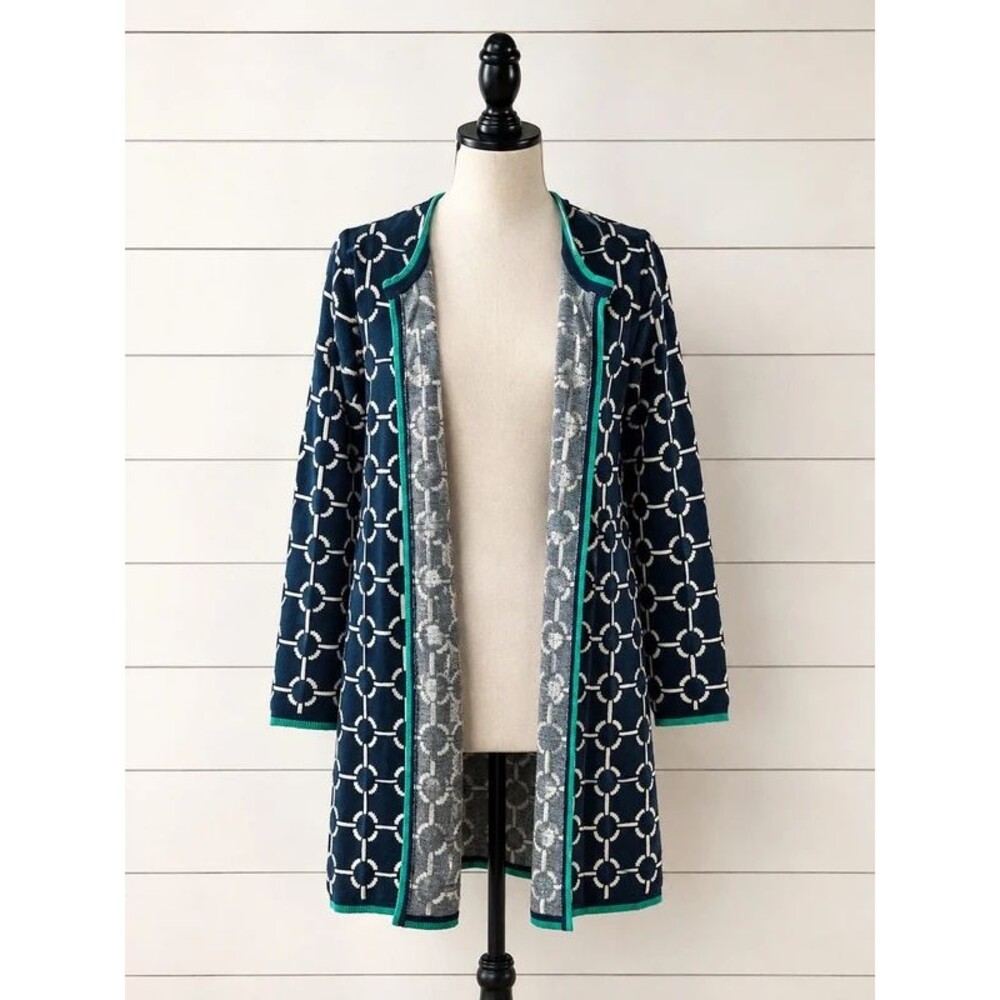 Size M C Navy Geometric Long Cardigan Green Trim Open Front